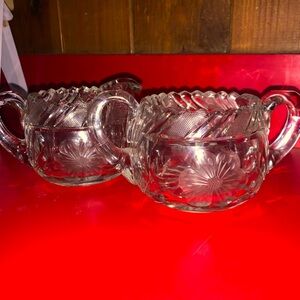 Beautiful Set Of Cut & Etched Glass Creamer& Sugar Bowl